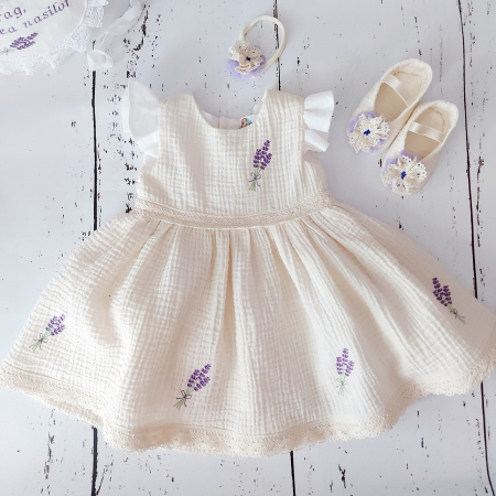 Set rochita, botosei si bentita, din muselina organica, cu detalii brodate - Lavanda