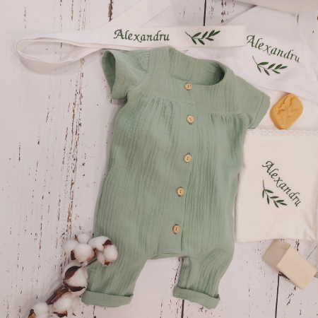 Set salopeta bebe si botosei personalizati, din muselina- Baby Blue Muslin [3]