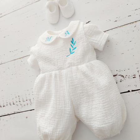 Set salopeta bebe si botosei personalizati, din muselina- Baby Blue Muslin [1]