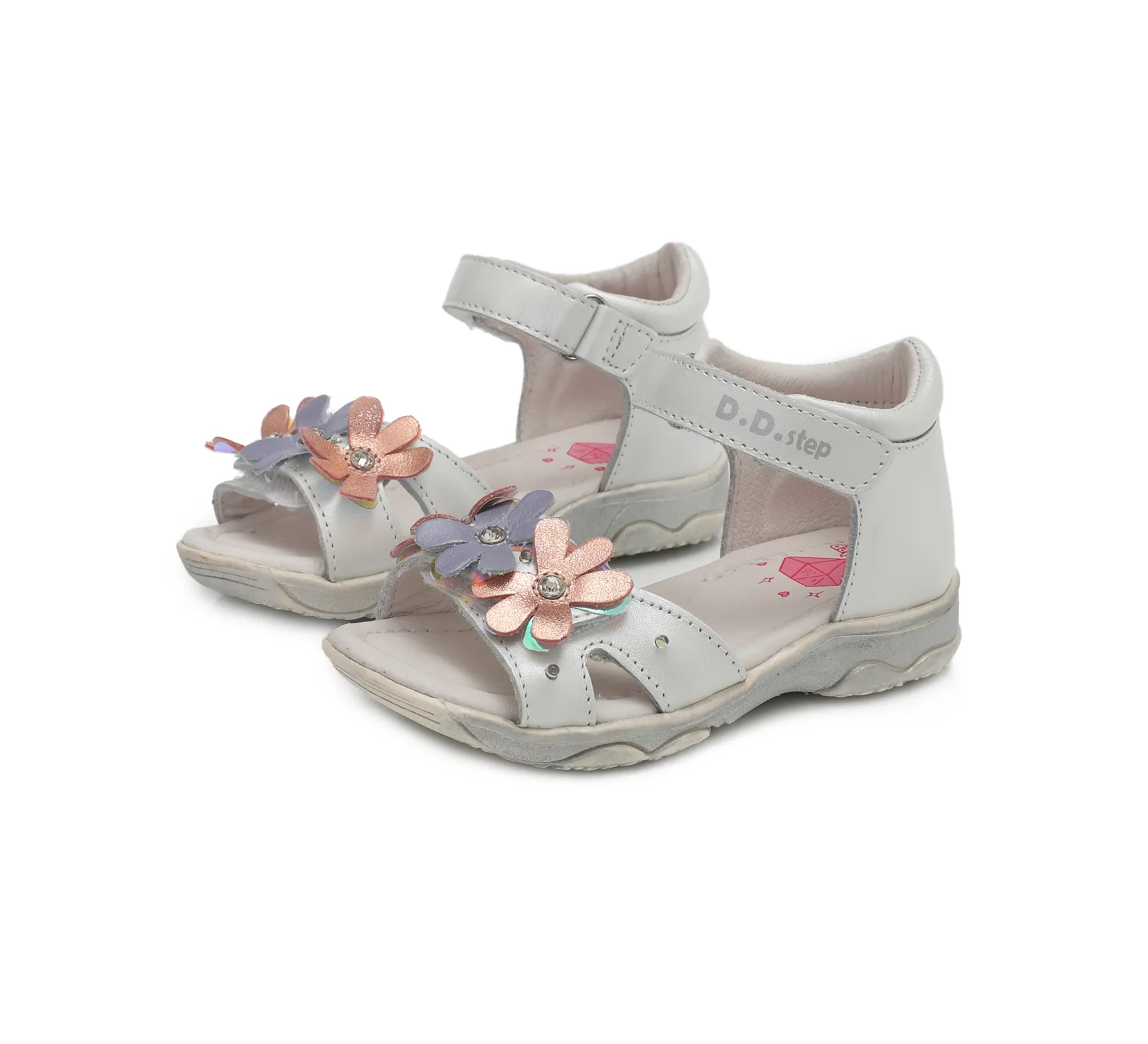 Sandale piele fete, albe cu floricele aplicate si luminite LED, flexibile- D.D.Step [5]