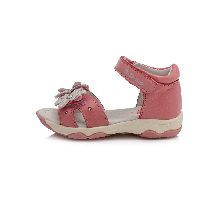 Incaltaminte copii - Sandale piele fete, roz cu floricele aplicate si luminite LED, flexibile- D.D.Step