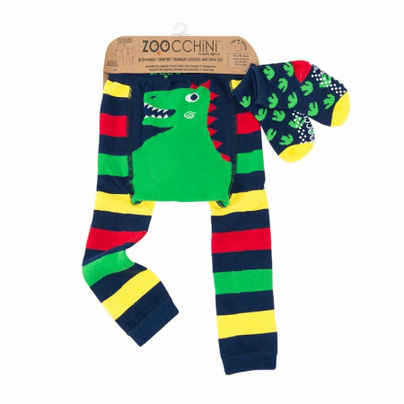 Haine naturale - Set pantaloni si soseste antiderapante, Zoocchini, 12-18 Luni, Dino