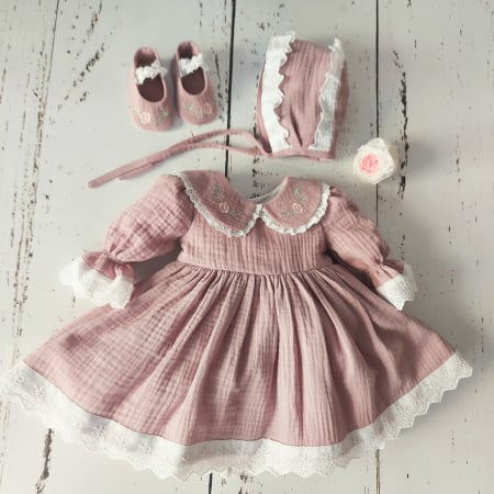 Hainute botez - Set rochita din muselina - Vintage Flowers - Roz pudra