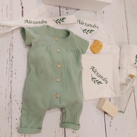 Baieti - Set salopeta bebe si botosei personalizati, din muselina- Baby Blue Muslin