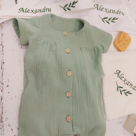 Set salopeta bebe si botosei personalizati, din muselina- Baby Blue Muslin [1]