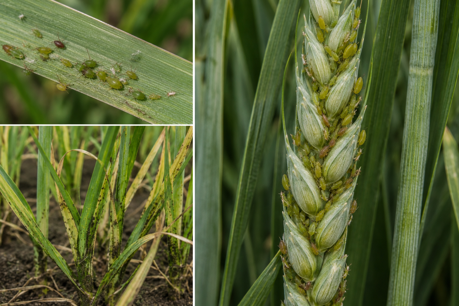 Afidele cerealelor (Sitobion avenae, Rhopalosiphum padi) – Dăunătorii care slăbesc plantele și transmit viroze.