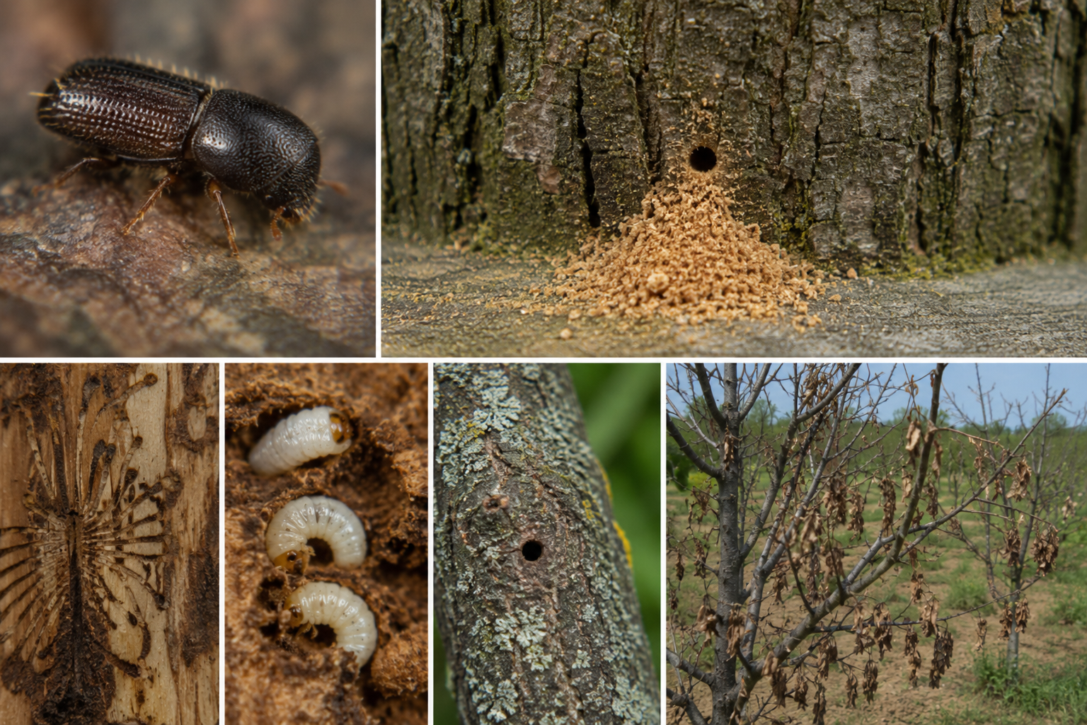 Cariul scoarței pomilor (Scolytus rugulosus) – Gândacul care sapă galerii în ramuri și trunchiurile pomilor fructiferi.
