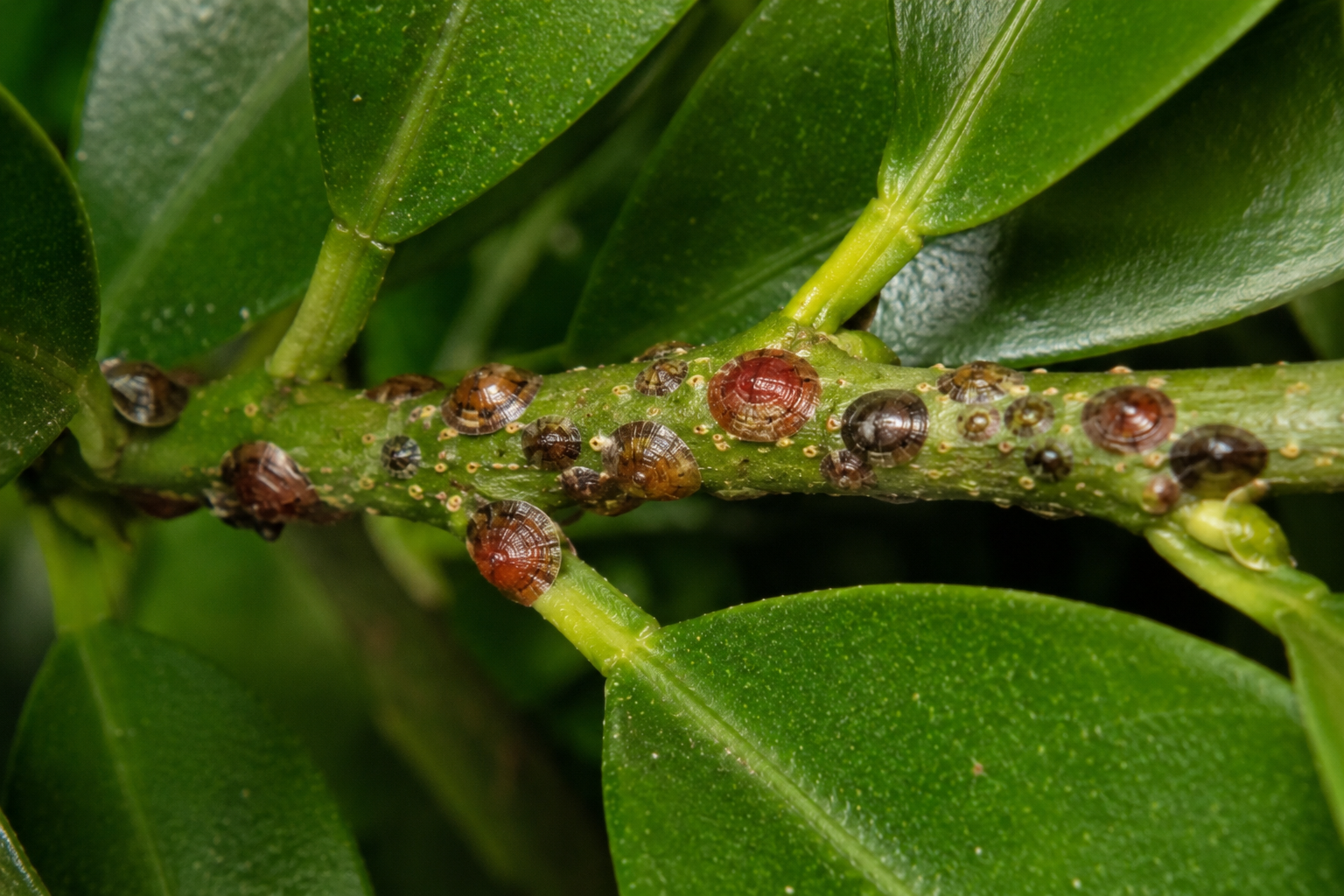 Coșenila roșie a Californiei (Aonidiella aurantii) – Păduchele țestos care atacă citricele, pomii fructiferi și plantele ornamentale, reducând calitatea fructelor și vigoarea plantelor.