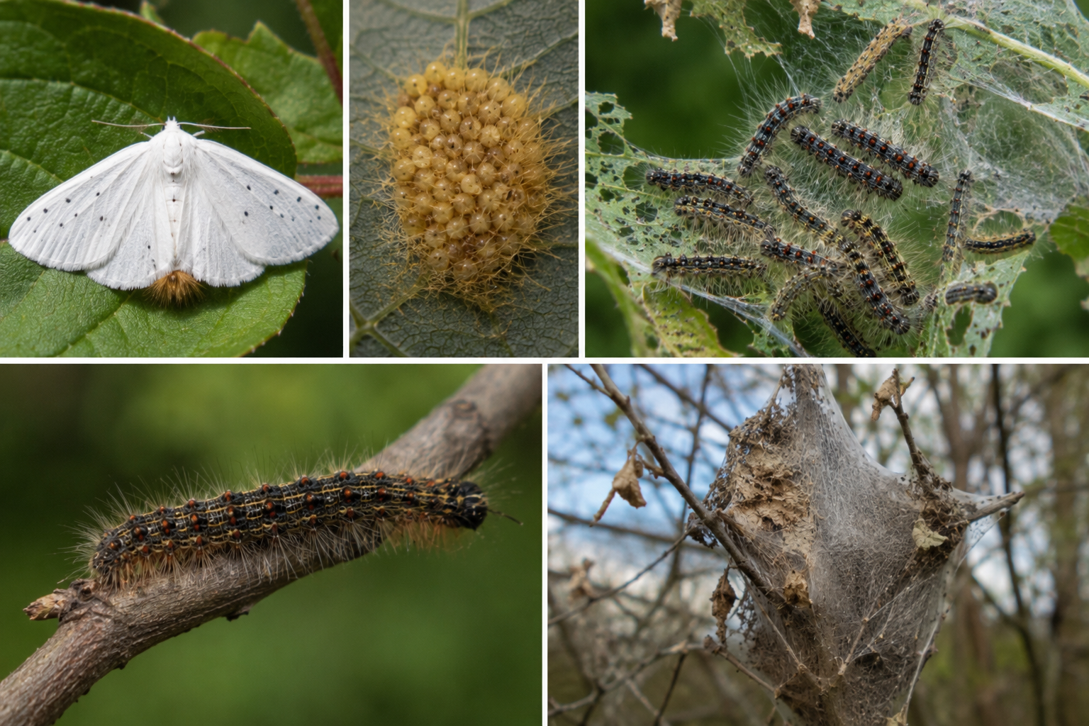 Fluturele cu abdomen auriu (Euproctis chrysorrhoea) – Dăunătorul defoliator care formează colonii și poate provoca iritații prin peri urticanți.