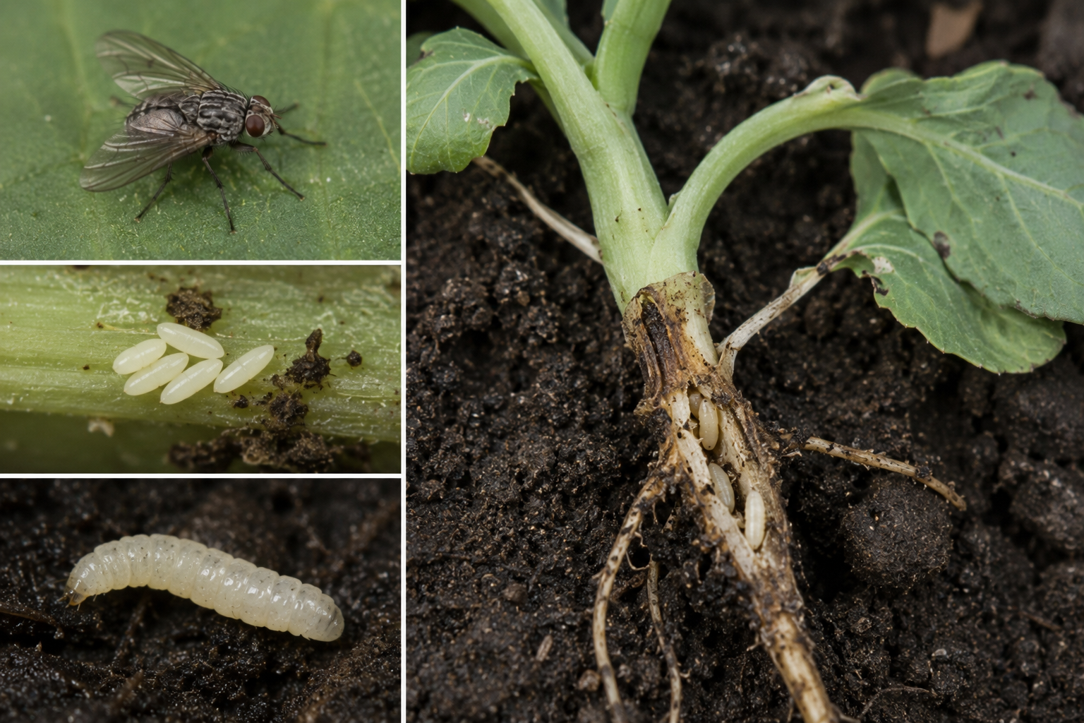 Musca verzei (Delia radicum) – Dăunătorul care atacă rădăcinile și poate distruge plantele tinere de crucifere.