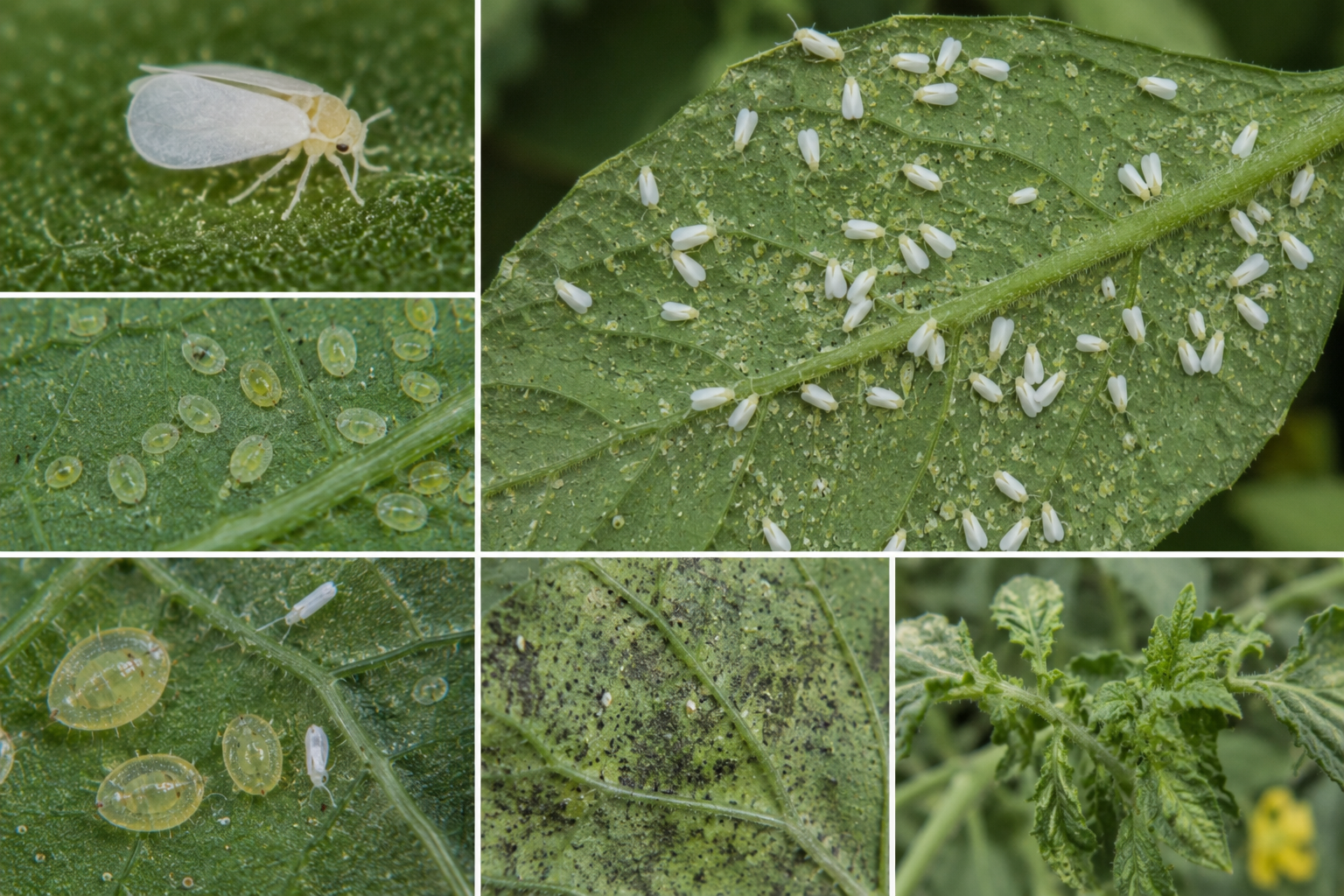 Musculița albă a tutunului (Bemisia tabaci) – Dăunătorul care transmite viroze și afectează numeroase culturi legumicole și ornamentale.