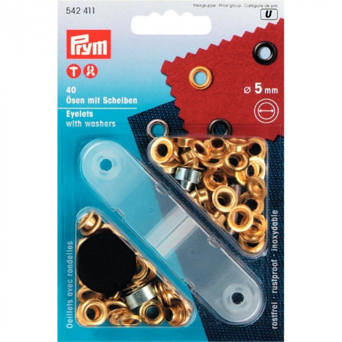 Set ocheti de 5 mm, auriu, cu dispozitiv de montare, 40 buc, Prym 542411 [2]