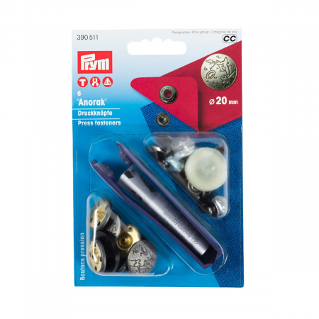 Capse nasturi fermoare - Capse metalice, anorak pentru textile, de 20 mm, argintiu mat, capac cu design excursion, cu aplicator, 6 buc, Prym