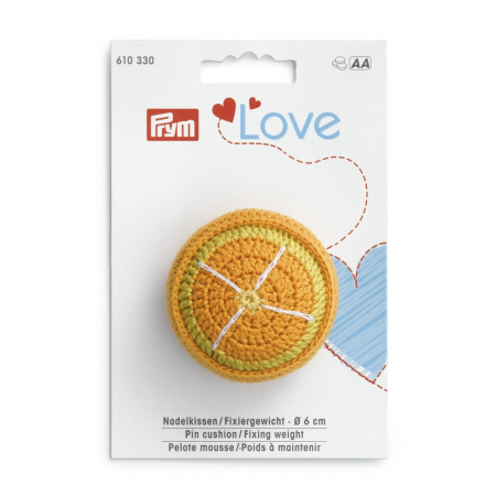 Ace de cusut - Perna ace cu greutate de fixare, diametru 6 cm, design portocala, Prym Love 610330
