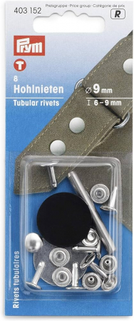Capse nasturi fermoare - Riveti tubulari de 9 mm, pentru materiale cu grosime 6-9 mm, 8 buc, argintii cu aplicator, Prym
