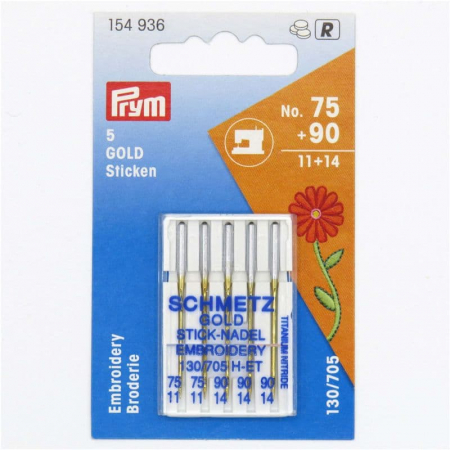 Ace de cusut - Set ace de cusut Gold pentru broderie, acoperire anti-adeziva, 5 buc, finete 75 si 90, Prym