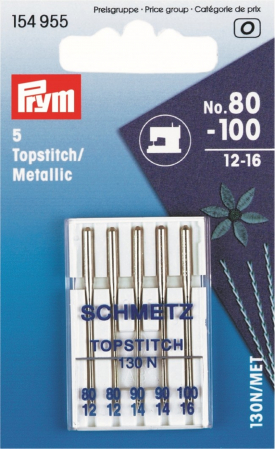 Ace de cusut - Set ace de cusut Topstitch, masina casnica, pentru cusut fire metalic, 5 buc, finete 80-100, Prym