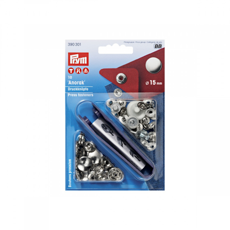 Capse nasturi fermoare - Set capse metalice, anorak (haine, jachete), argintii, de 15 mm, cu aplicator, Prym, 390301
