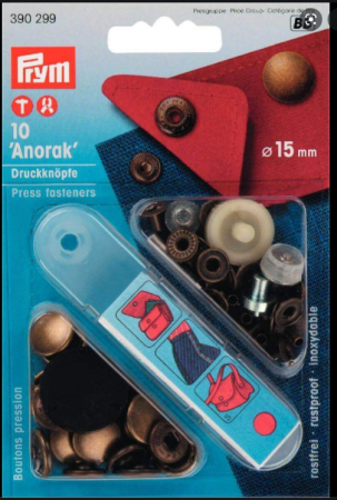 Capse nasturi fermoare - Set capse metalice, anorak pentru textile, culoare alama antica, de 15 mm, cu aplicator, 10 perechi, Prym
