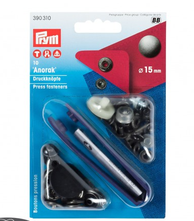 Capse nasturi fermoare - Set capse metalice, anorak pentru textile, culoare otel antic, de 15 mm, cu aplicator, 10 perechi, Prym