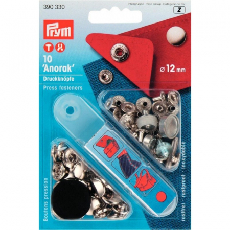 Capse nasturi fermoare - Set capse metalice, anorak, pentru textile, de 12 mm, 10 perechi cu aplicator, Prym, 390330