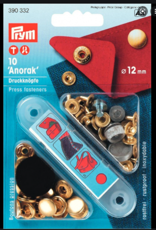 Capse nasturi fermoare - Set capse metalice, anorak pentru textile, de 12 mm, auriu, cu aplicator, 10 perechi Prym