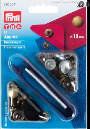 Capse nasturi fermoare - Set capse metalice, anorak pentru textile, de 12 mm, culoare alama antica, cu aplicator, 10 perechi, Prym
