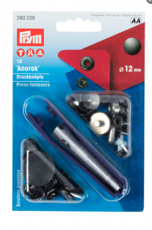 Capse nasturi fermoare - Set capse metalice, anorak pentru textile, de 12 mm, negru, cu aplicator, 10 perechi Prym