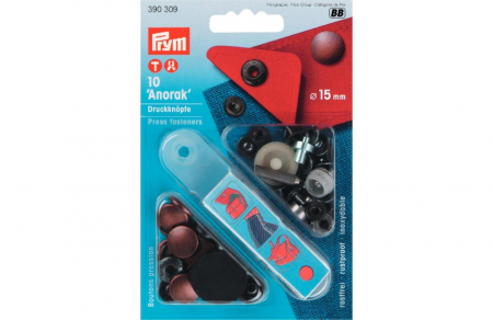 Capse nasturi fermoare - Set capse metalice, anorak, pentru textile, de 15 mm, 10 perechi cu aplicator, Prym
