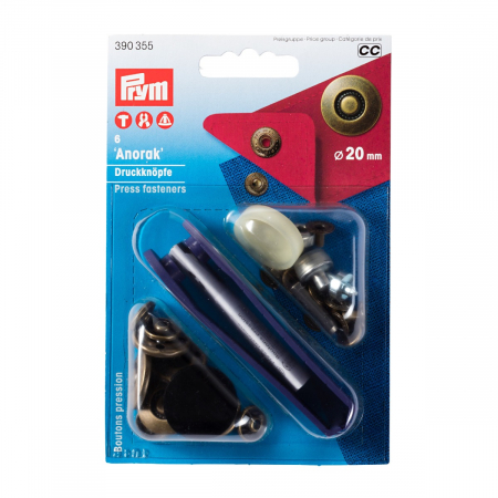 Capse nasturi fermoare - Set capse metalice, anorak pentru textile, de 20 mm, culoare alama antica, capac cu design, cu aplicator, 6 buc, Prym