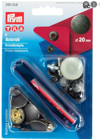 Capse nasturi fermoare - Set capse metalice, anorak pentru textile, de 20 mm, culoare argintiu antic, capac cu design, cu aplicator, 6 buc, Prym