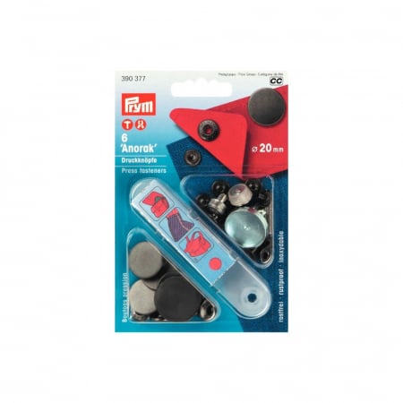 Capse nasturi fermoare - Set capse metalice, anorak pentru textile, de 20 mm, culoare negru mat, cu aplicator, 6 buc, Prym