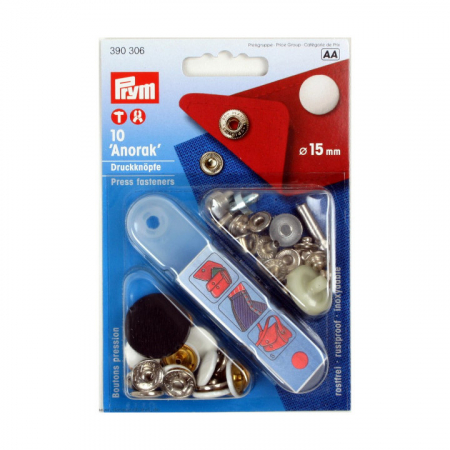 Capse nasturi fermoare - Set capse metalice, anorak pentru textile, finisaj alb de 15 mm, cu aplicator, 10 perechi, Prym