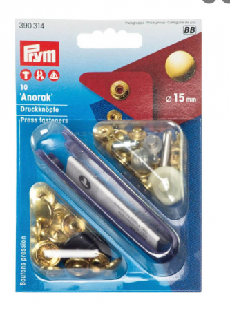Capse nasturi fermoare - Set capse metalice, anorak pentru textile, finisaj auriu, de 15 mm, cu aplicator, 10 perechi, Prym