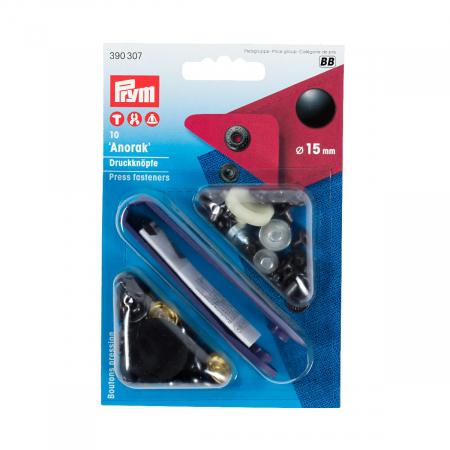 Capse nasturi fermoare - Set capse metalice, anorak pentru textile, negru oxid, de 15 mm, cu aplicator, Prym, 390307