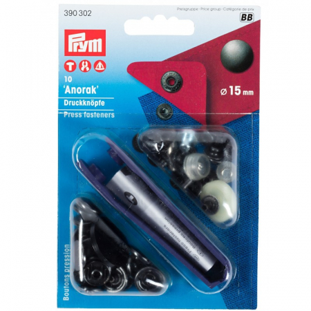 Capse nasturi fermoare - Set capse metalice, anorak pentru textile, negru oxidat, de 15 mm, cu aplicator, Prym, 390302