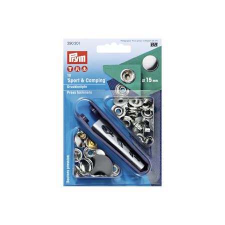 Capse nasturi fermoare - Set capse metalice, sport&camping, de 15 mm, cu dispozitiv montare, Prym 390201