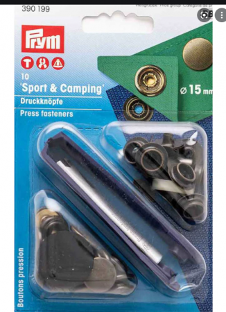 Capse nasturi fermoare - Set capse metalice Sport&Camping, de 15 mm, pentru materiale rigide, finisaj alama antica,10 buc cu aplicator, Prym