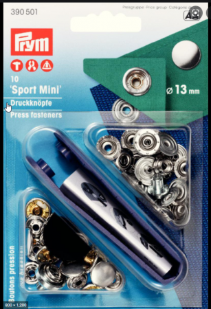 Capse nasturi fermoare - Set capse metalice Sport Mini, de 13 mm, pentru materiale rigide, argintiu, 10 buc  cu aplicator, Prym