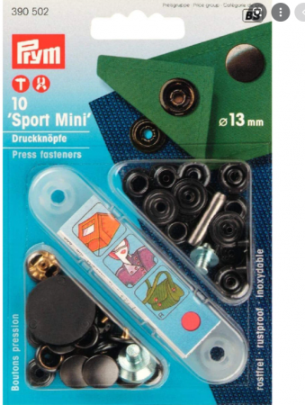 Capse nasturi fermoare - Set capse metalice Sport Mini, de 13 mm, pentru materiale rigide, negru oxid,10 buc cu aplicator, Prym