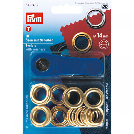 Capse nasturi fermoare - Set ocheti de 14 mm, cu dispozitiv de atasare, 10 buc, auriu,, Prym 541373