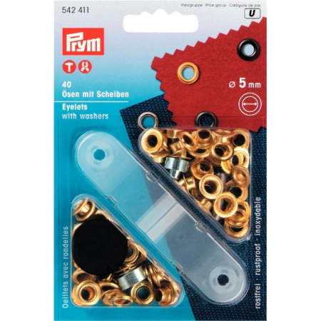 Set ocheti de 5 mm, auriu, cu dispozitiv de montare, 40 buc, Prym 542411 [1]