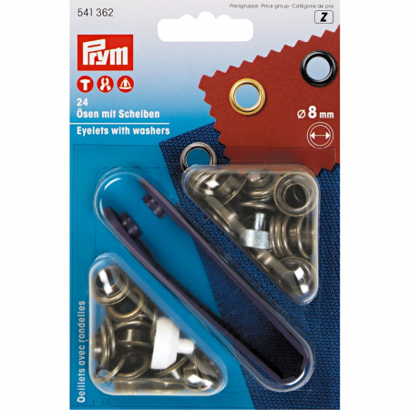 Capse nasturi fermoare - Set ocheti de 8 mm, alama cu dispozitiv de atasare, 24 buc, Prym 541362