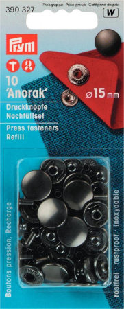 Capse nasturi fermoare - Set rezerve - capse metalice ANORAK 15 mm finisaj negru,Prym, 390327