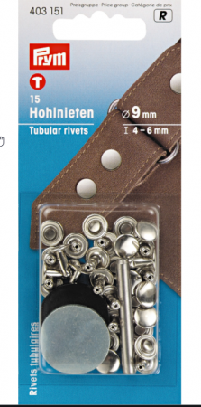 Capse nasturi fermoare - Set riveti tubulari de 9 mm,  pentru materiale cu grosime 4-6 mm, 15 buc, argintii cu aplicator, Prym