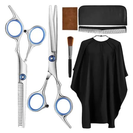 Set profesional de tuns cu 7 piese, foarfece din oțel inoxidabil, pieptene, pelerină de coafor și accesorii complete pentru tuns acasă sau în salon – calitate premium și precizie