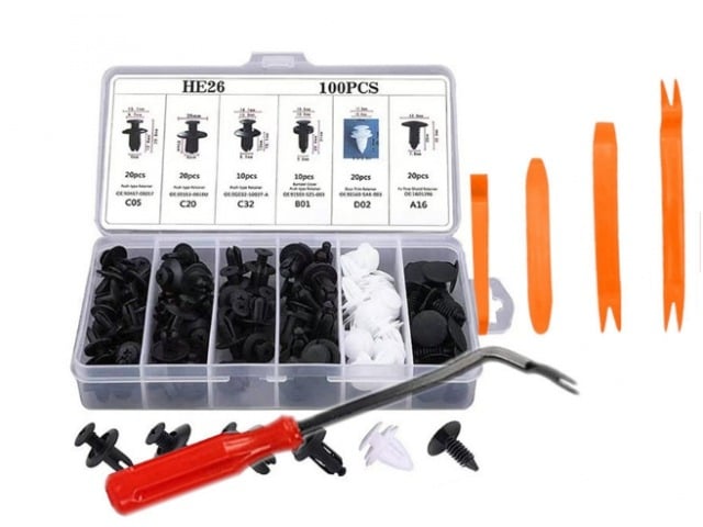 Set complet de 100 clipsuri demontare auto cu 4 unelte de eliberare plastic și 1 extractor metalic – soluția ideală pentru reparații și întreținere rapidă