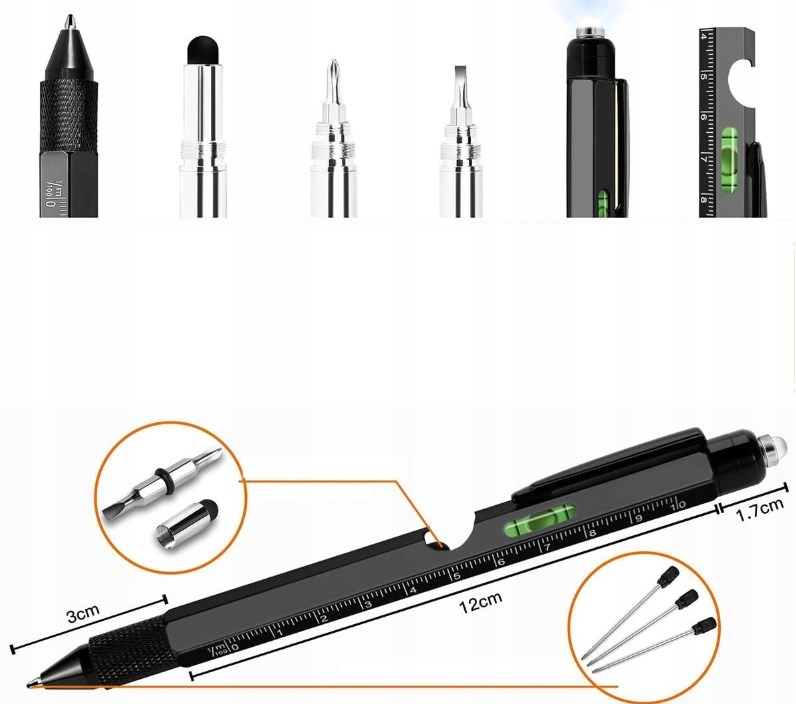 Pix multifunctional, 9 in 1, rigla, surubelnita, suport telefon, LED, negru [5]