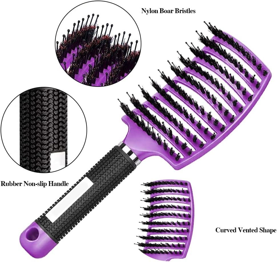 Perie de par, design curbat, peri de mistret/nylon, maner antiderapant, masaj pentru scalp, 24.5 x 6.5 cm, negru/mov [5]