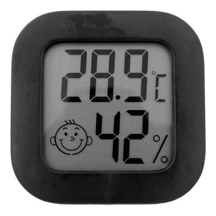 Termometru si higrometru digital, LCD, de camera, masurare -10  C + 70  C, plastic, 45 x 45 x 13 mm, negru